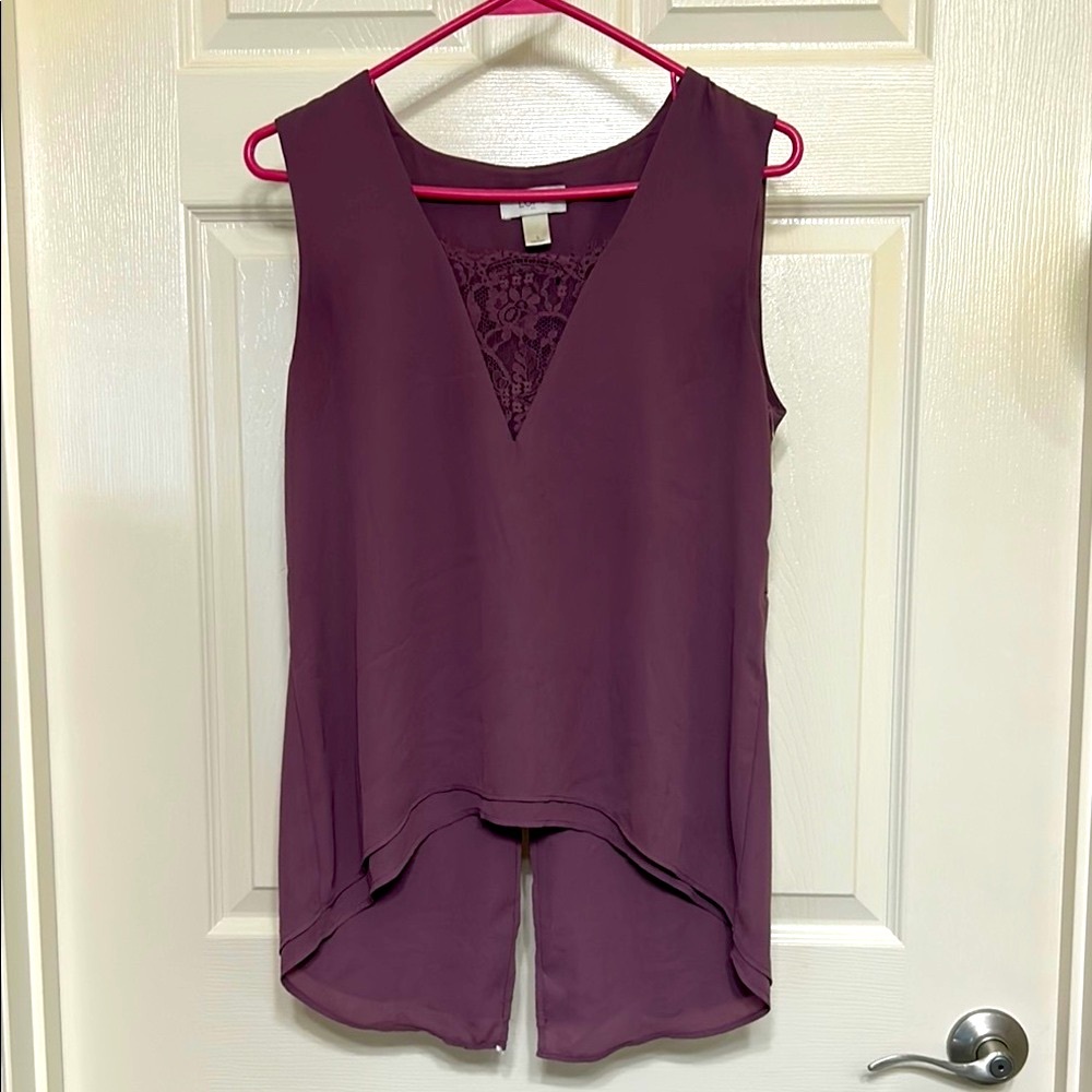 LOFT Rich Plum Tank Top with Lace, Hi-Lo Hem, Slit in back